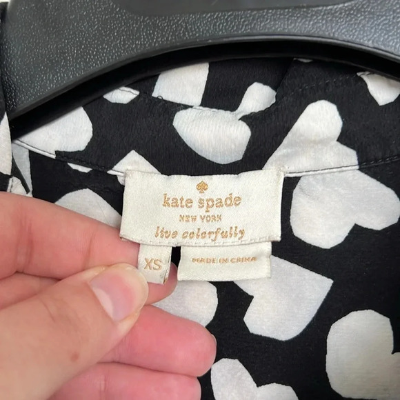 Kate Spade Silk Black Heart Print Half Button Down Shirt - Picture 4 of 9